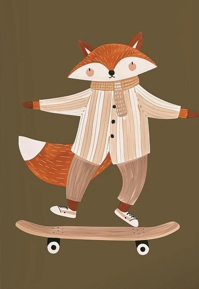 Tablou de perete 40 x 50 cm Vulpe pe skateboard Ilustrație de toamnă pe pânză Fără ramă Poster decorativ pentru camera copiilor 1