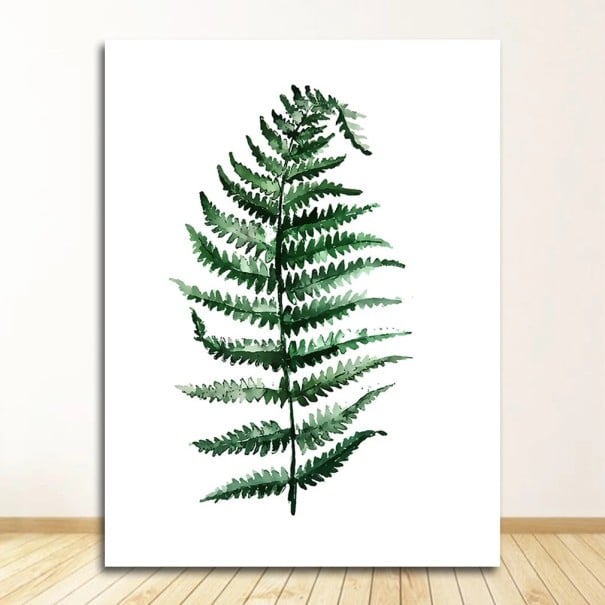 Tablou de perete cu ferigă, motiv botanic acquerel, 40x50 cm, pânză fără ramă, verde, alb, decor pentru perete în living 1