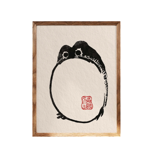 Tablou japonez broască motiv circular minimalist 50x75 cm pânză alb-negru cu detaliu roșu decorare pe perete