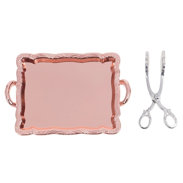 Tabuleiro e pinças de cozinha para boneca bronze