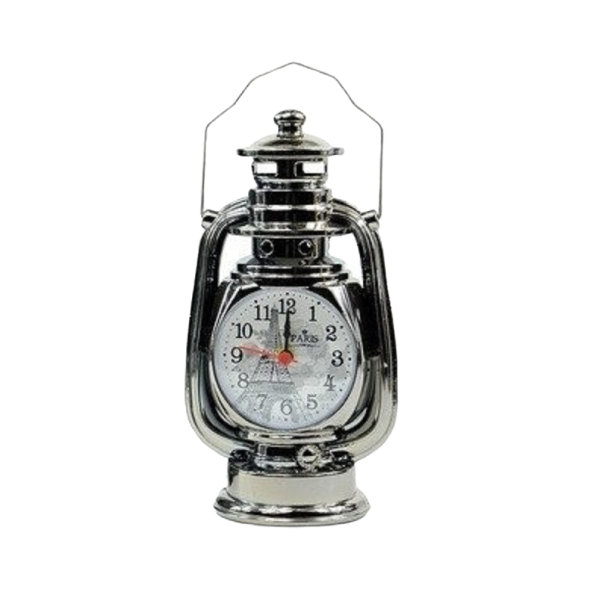 Tafelwekker in de vorm van retro petroleumlamp met draadhandvat Analoge wijzerplaat met motief van de Eiffeltoren Kunststof Afmetingen 10 x 7,5 zilver