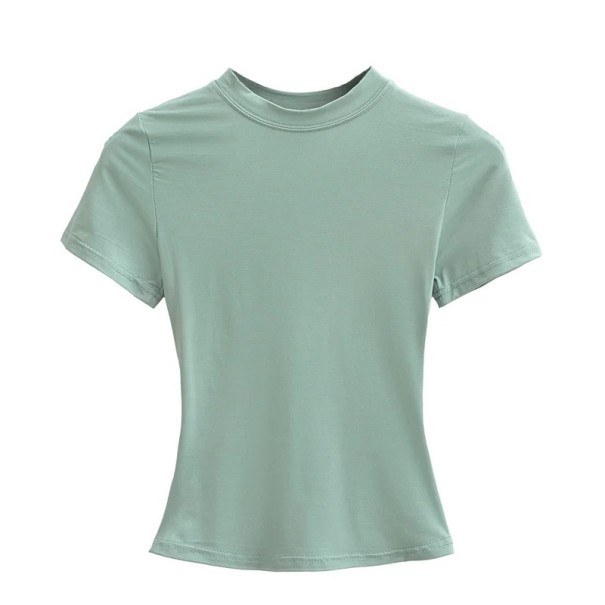 Tailliertes Kurzarm-T-Shirt für Damen. Einfacher Rundhalsausschnitt. Elegantes elastisches Oberteil für die Freizeit. Modisches Slim-Fit-T-Shirt. grün L