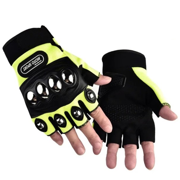 Taktické polorukavice bez prstů s ocelovou výztuhou na kloubech polyester univerzální velikost na sebeobranu i moto sport zelená