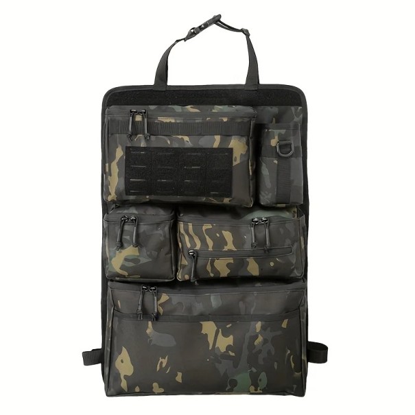 Taktischer Organizer für die Rückenlehne des Autositzes mit Camouflage-Muster, mehreren Taschen und einem Patch-Panel, faltbar, aus Polyester, zum Aufhängen an der Kopfstütze schwarz