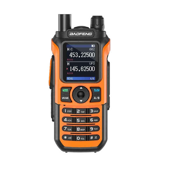 Taktisk walkie-talkie med antenne og ekstra genopladeligt batteri. Walkie-talkie med lang rækkevidde, 10 km. Professionel walkie-talkie med to kanaler og LED-lommelygte. Højtydende walkie-talkie. Vandtæt. orange