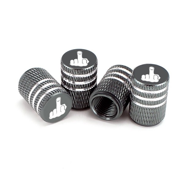 Tampas de alumínio para válvulas de pneus 4 pcs Com motivo do dedo do meio levantado Superfície estriada com ranhuras Dimensões 1,6 x 1,1 cm cinzento