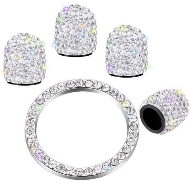 Tampas de válvula com pedras cintilantes e aro decorativo para o botão de arranque do carro Conjunto de 4 tampas e aro Plástico Diâmetro do aro 3,8 1