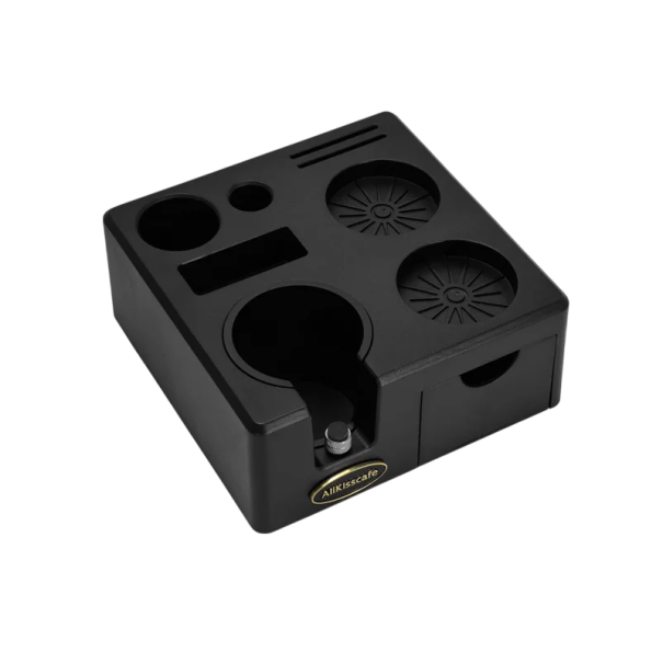 Tamper and Portafilter Holder with Storage Drawer Accessory Organiser for Coffee Machine 51-54 mm ABS Plastic with Holes and Compartments black