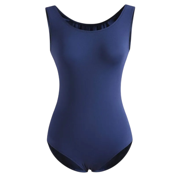Taneční body pro ženy bez rukávů s kulatým výstřihem, jednoduchý hladký střih, materiál nylon a elastan, na balet a gymnastiku tmavě modrá L