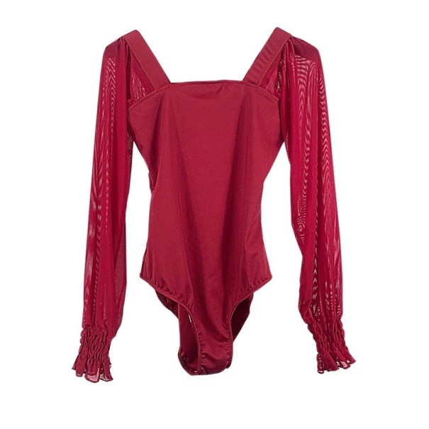 Taneční body pro ženy s dlouhým rukávem a hlubokými zády, průsvitné rukávy, materiál nylon a elastan, na balet a tanec červená S