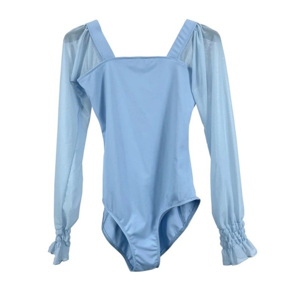 Taneční body pro ženy s dlouhým rukávem a hlubokými zády, průsvitné rukávy, materiál nylon a elastan, na balet a tanec světle modrá S