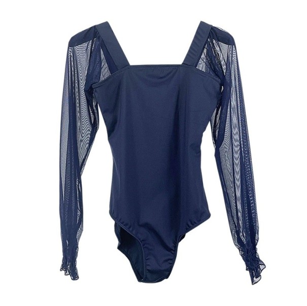 Taneční body pro ženy s dlouhým rukávem a hlubokými zády, průsvitné rukávy, materiál nylon a elastan, na balet a tanec tmavě modrá L