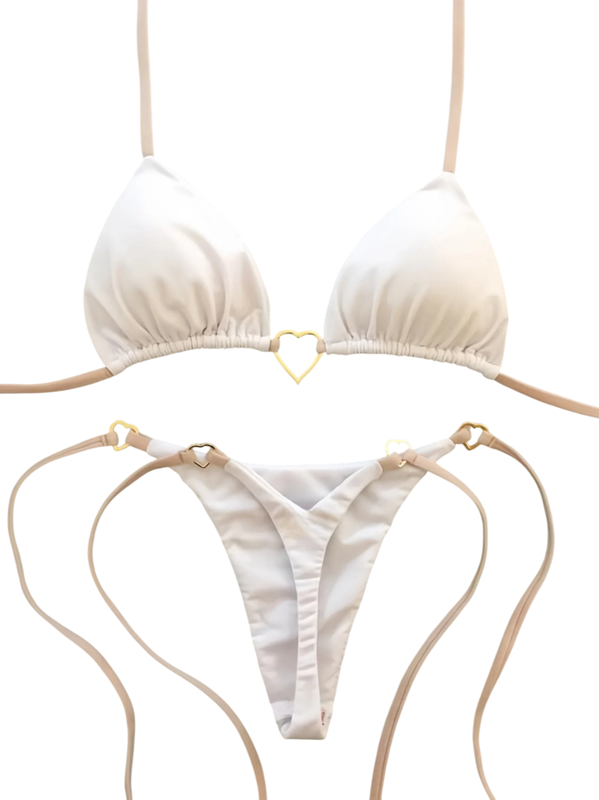 Tanga bikiny s trojúhelníkovým topem a kovovým srdcem Minimalistické dámské plavky s vázáním na šňůrky Sexy plážový outfit bílá L