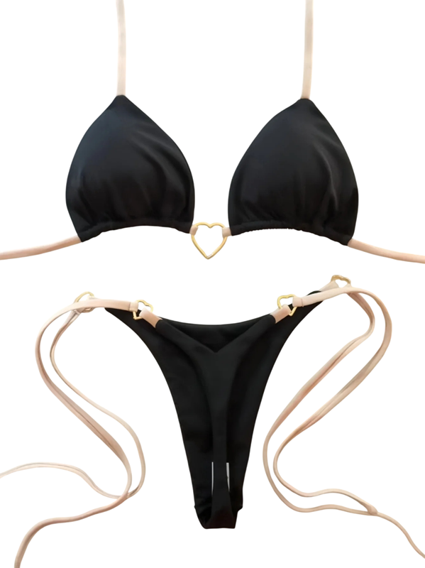 Tanga bikiny s trojúhelníkovým topem a kovovým srdcem Minimalistické dámské plavky s vázáním na šňůrky Sexy plážový outfit černá S