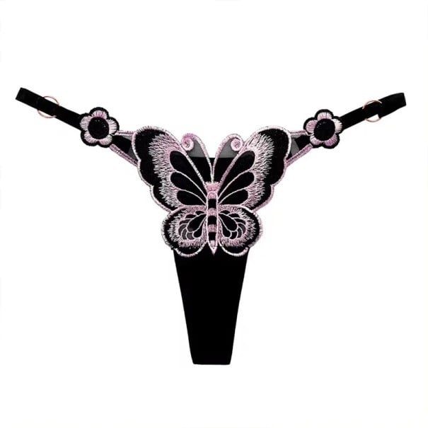 Tanga da donna con ricamo a farfalla in rete trasparente con vita regolabile intimo sexy per uso quotidiano taglia unica nero