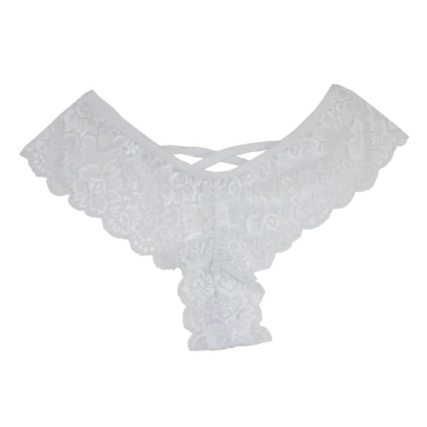 Tanga V-String em renda para mulheres com parte traseira em forma de V Alças cruzadas finas Renda floral com borda ondulada Spandex branco S