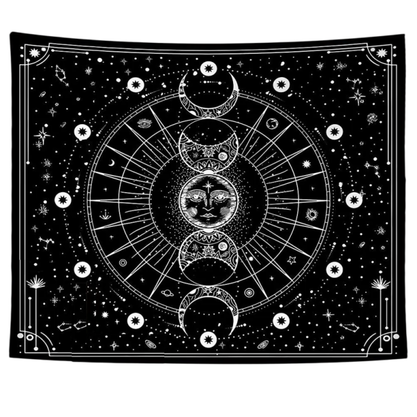 Tapeçaria boémia com motivo da lua, constelações e planetas - Painel de parede - Decoração Boho - Quarto - Sala de estar - Lavável - À prova de água - Repelente de sujidade preto