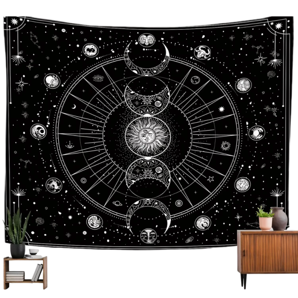 Tapeçaria boémia com motivo da lua, sol e constelações - Painel de parede - Decoração Boho - Lavável - À prova de água - Repelente de sujidade - Quarto - Sala de estar 1
