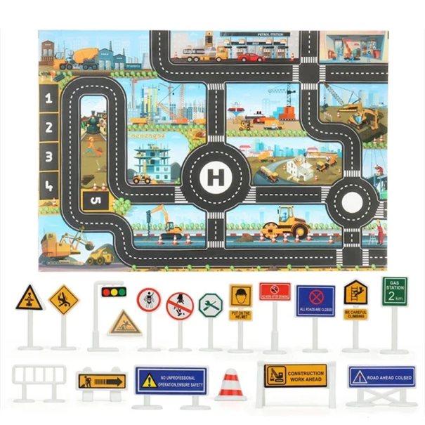 Tapete de jogo infantil 83x57 cm Mapa da cidade e estradas com sinais de trânsito Tapete macio para crianças Estacionamento Brincar com carros Espessura 0,5–1 cm 1