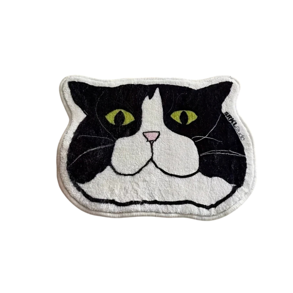 Tapis en forme de tête de chat, polyester, décoration de sol noir et blanc pour les amoureux des chats 1