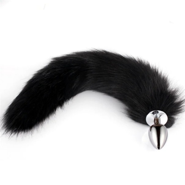 Tapón anal de metal con cola de zorro XS 2,2 x 6,5 cm longitud de la cola 40 cm para principiantes superficie lisa embalaje discreto negro