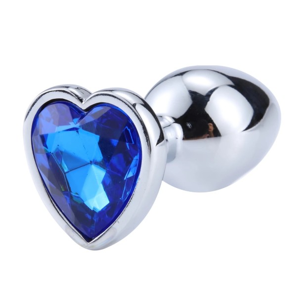 Tapón anal de metal con corazón tamaño M 3,4 x 8 cm decoración de lujo con cristal embalaje discreto azul