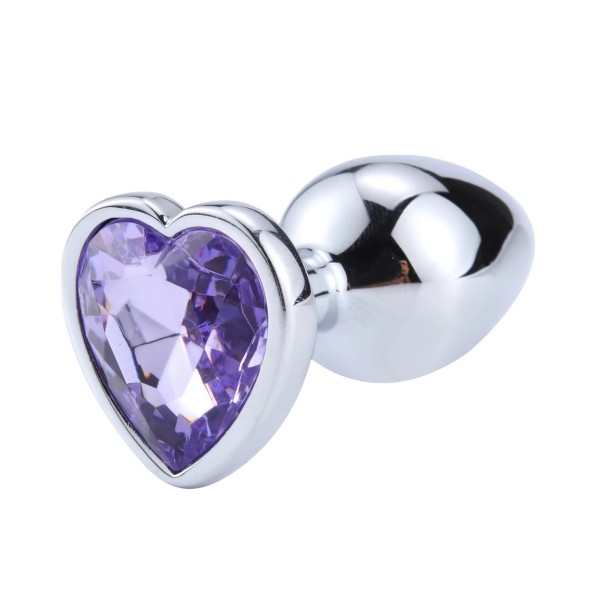 Tapón anal de metal con corazón tamaño M 3,4 x 8 cm decoración de lujo con cristal embalaje discreto morado claro