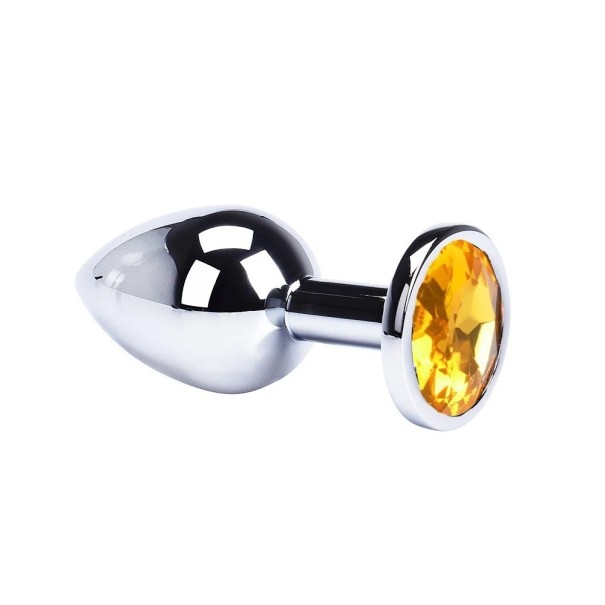 Tapón anal de metal con piedra de color tamaño L 40mm superficie lisa diseño ergonómico fácil mantenimiento embalaje discreto amarillo