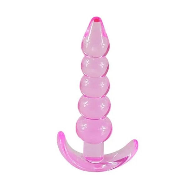 Tapón anal de silicona con cinco bolas una encima de la otra con mango curvo para un fácil manejo y embalaje discreto para mayor comodidad y privacidad. rosa