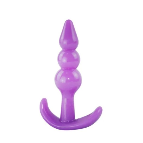 Tapón anal de silicona en forma de 3 bolas con mango curvo para un fácil manejo y embalaje discreto para mayor comodidad y privacidad. morado