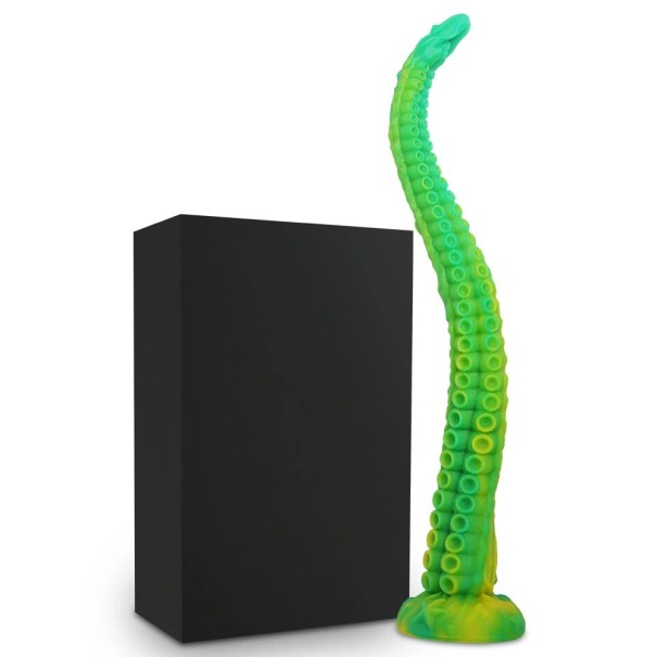 Tapón anal verde extra largo en forma de tentáculo de pulpo con superficie detallada y ventosa, longitud 58 cm, embalaje discreto. 1