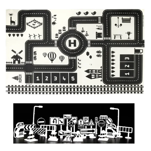 Tappetino da gioco per bambini 83x57 cm Moquette in schiuma morbida Mappa della città Strade Parcheggi Segnali stradali Tappetino da arrampicata Spessore 0,5–1 cm 1