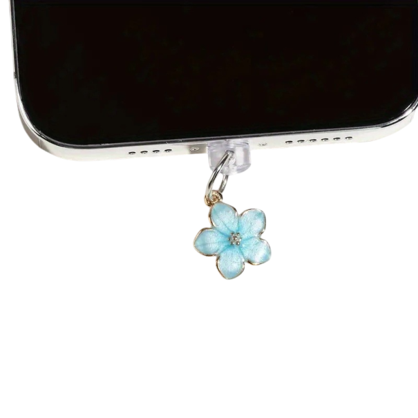 Tappo antipolvere per telefono 3,3 x 1,5 cm Ciondolo floreale per iPhone Decorazione protettiva Porta di ricarica Accessorio Ciondolo con fiore blu