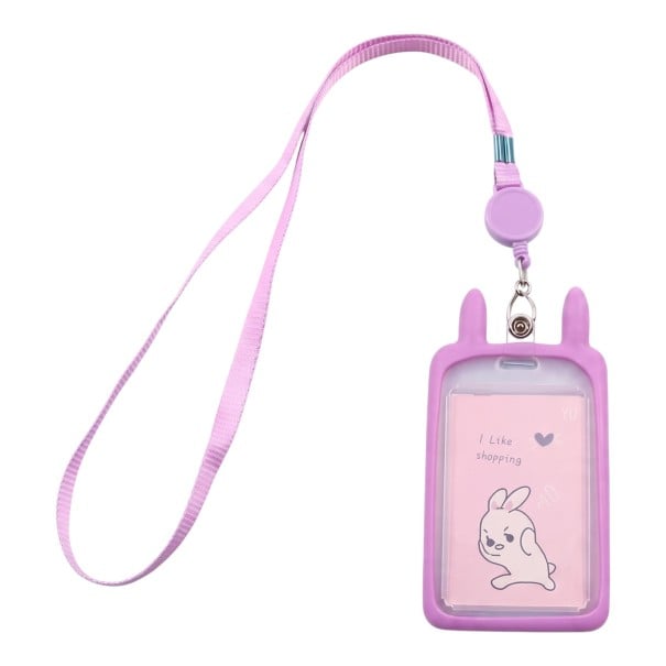 Targhetta per carta con orecchie da coniglio Custodia per tessera con finestra trasparente Jojo avvolgente e cordino da collo Per scuola viola