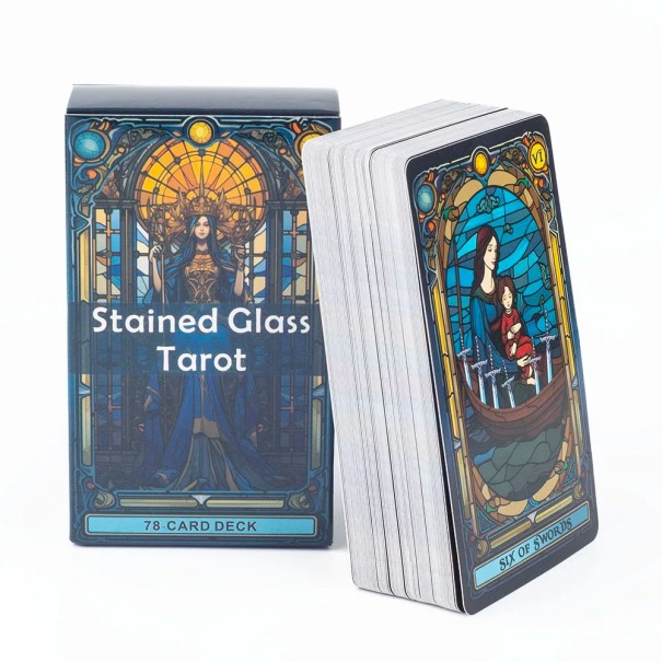 Tarotkort med 78 illustrationer i farvet glas-stil med dimensioner på 10,3 x 6 cm, der er velegnede til at fortolke fremtiden og personlig udvikling. 1