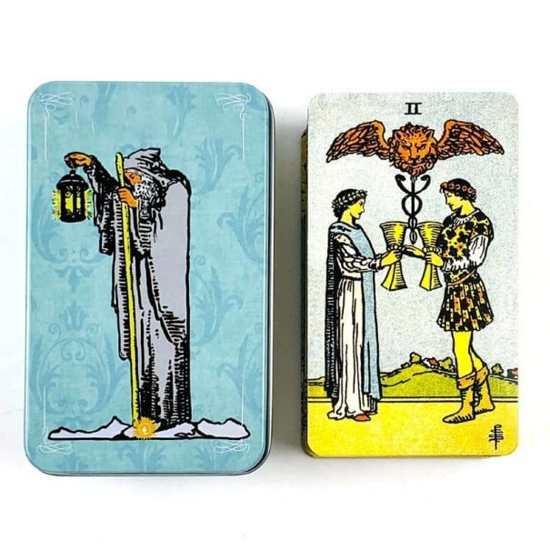 Tarotové karty s kovovou krabičkou balíček pre veštenie osudu 10,3 x 6,2 cm kovové puzdro kompaktná sada pre výklad tarot 1
