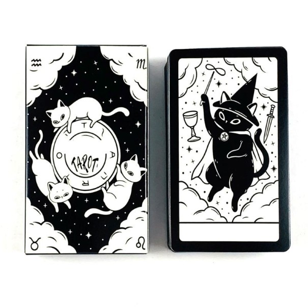 Tarotowe karty urocze kotki wróżebne wydanie 10,5 x 6,2 cm papierowe czarno-białe ilustracje do wróżenia i gry 1