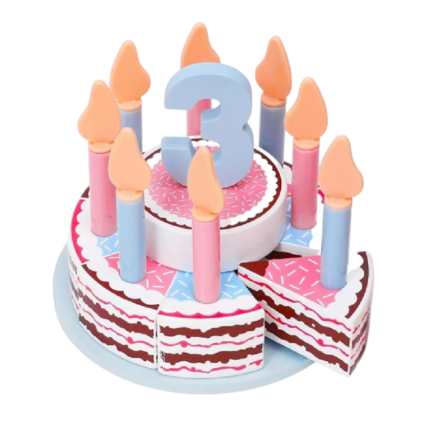 Tarta de cumpleaños de madera de dos pisos 13 cm Juguete de corte infantil con frutas, velas, adornos y cuchara Juguete de cocina 1