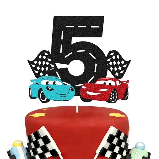 Tårtdekoration med nummer 5, racingstil, vägflagga, färgglada element, femte födelsedagsdekoration, tårtdekoration 1