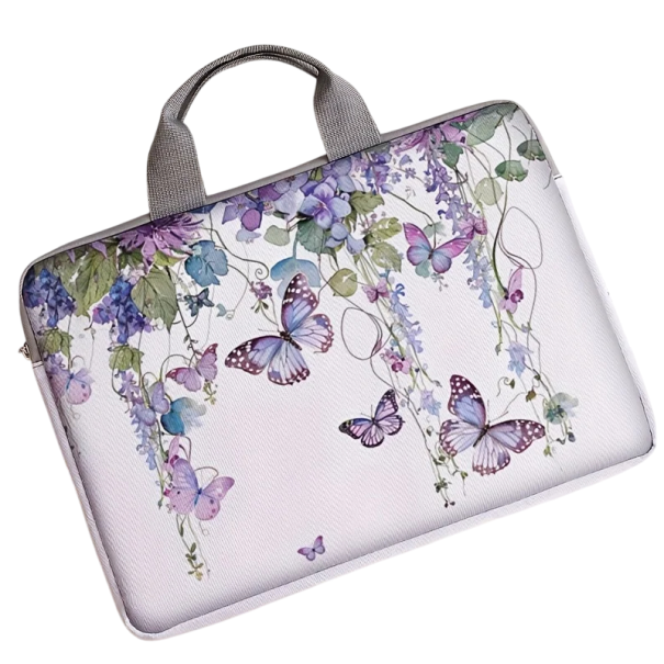 Taška na notebook 14 palců měkké pouzdro 38 x 26 cm s úchytkami a zipem s motivem květin i fialových motýlů na světlém podkladu 1