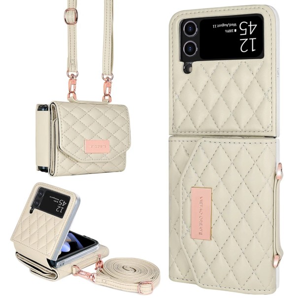 Táska Samsung Galaxy Z Flip 5 Mobiltelefon táskával és pénztárcával Testpánt Műbőr és műanyag Steppelt minta Crossbody mindennapokra bézs