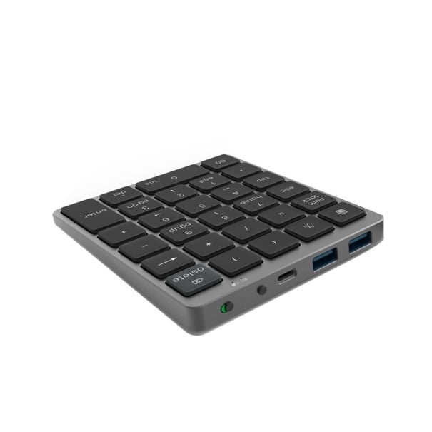 Tastatură numerică wireless cu hub USB 2x USB 3.0 și USB-C Bluetooth 3.0 Comutatoare tip foarfecă Baterie 140 mAh Aluminiu și ABS gri