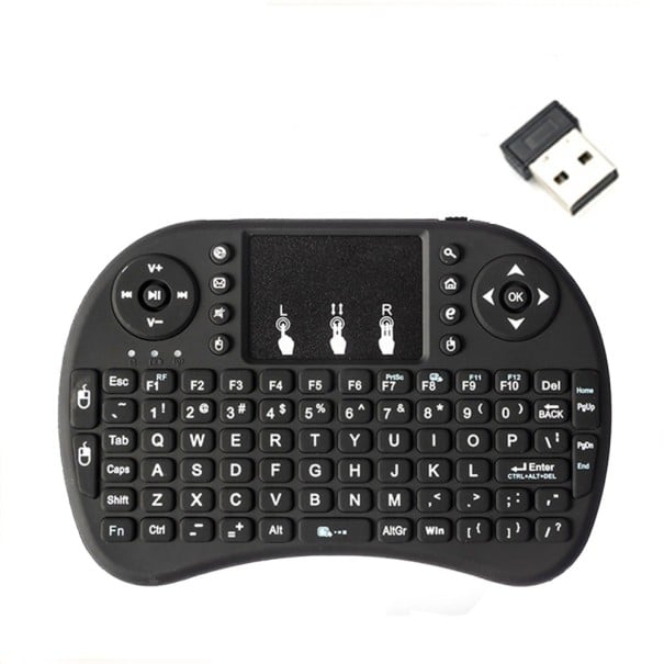 Tastiera mini wireless con touchpad e ricevitore USB Tasti multimediali Controller direzionale Portata fino a 3 m Alimentazione 2x batterie AAA 1