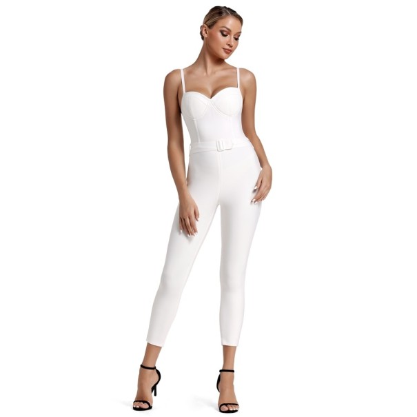 Tät jumpsuit för kvinnor med skärp, vit XL