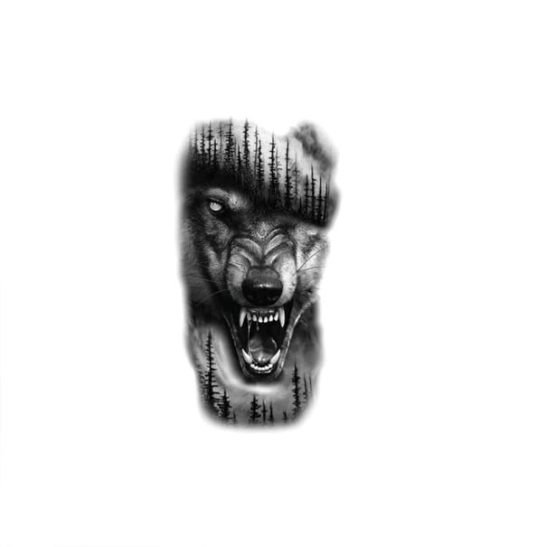 Tatouage temporaire étanche 21 x 11,4 cm Loup enragé dans les bois Motif sauvage Application facile Tatouage résistant Design animal Symbolique 1