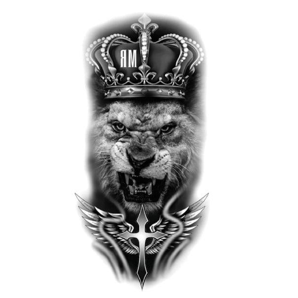 Tatouage temporaire imperméable 21 x 11,4 cm Lion avec couronne et ailes Motif animal Application facile Tatouage résistant Design royal Symbole 1
