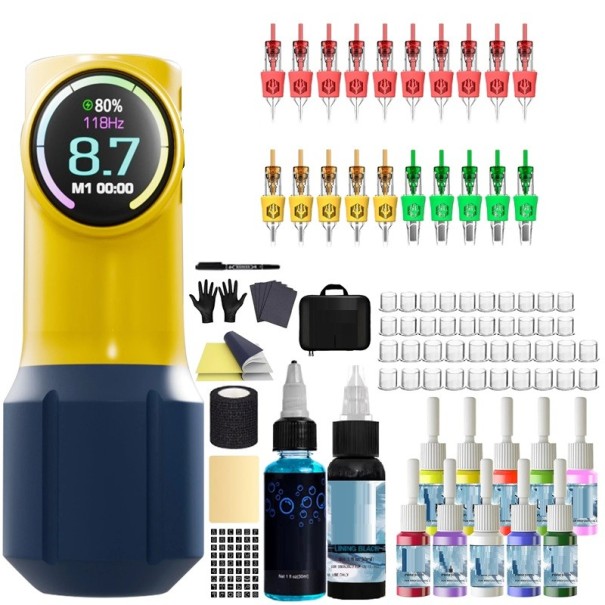 Tattoo Kit with Wireless Machine 12.5 cm LED Display 11000 RPM Stroke Length 4 mm USB Charging Tattoo Inks Needles Case 1