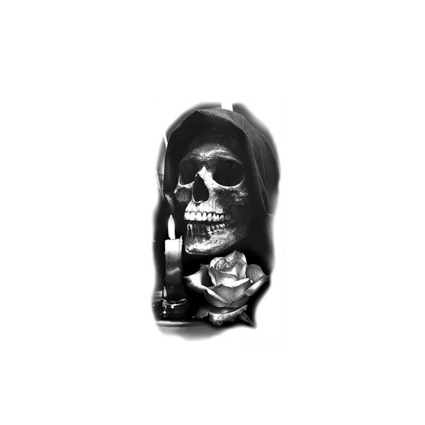 Tatuagem temporária à prova de água 11,5 x 21 cm Esqueleto com vela e rosa Motivo misterioso Duração até 15 dias Aplicação fácil Tatuagem corporal 1