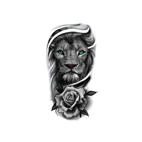 Tatuagem temporária à prova de água Leão com rosa 21 x 11,4 cm Tatuagem falsa Duração 15 dias Design realista Para homens e mulheres Adorno corporal temporário 1