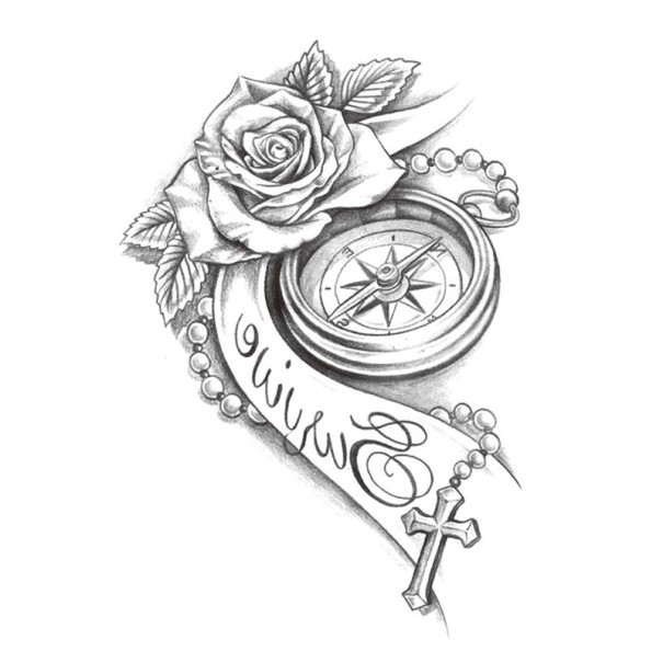 Tatuagem temporária bússola rosa terço 10 x 20 cm Tatuagem adesiva à prova de água Adesivo de tatuagem Para homens e mulheres Decoração corporal temporária 1